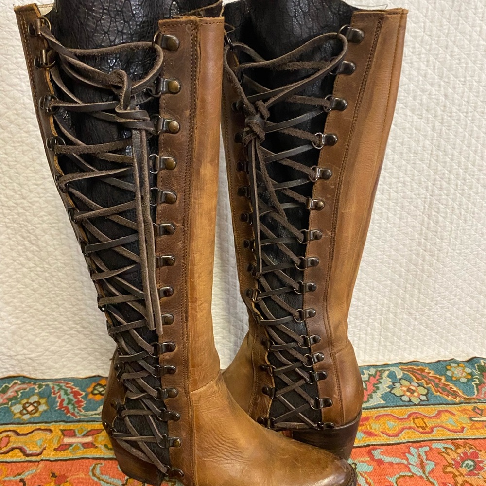 Brown and Black Lace-Up Knee-High Boots